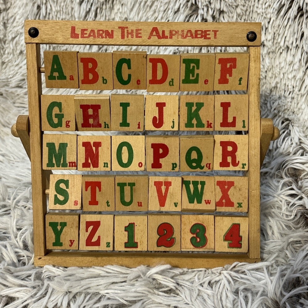 Vintage LEARN THE ALPHABET‎ Abacus Style Folding Wooden Turning Blocks Toy